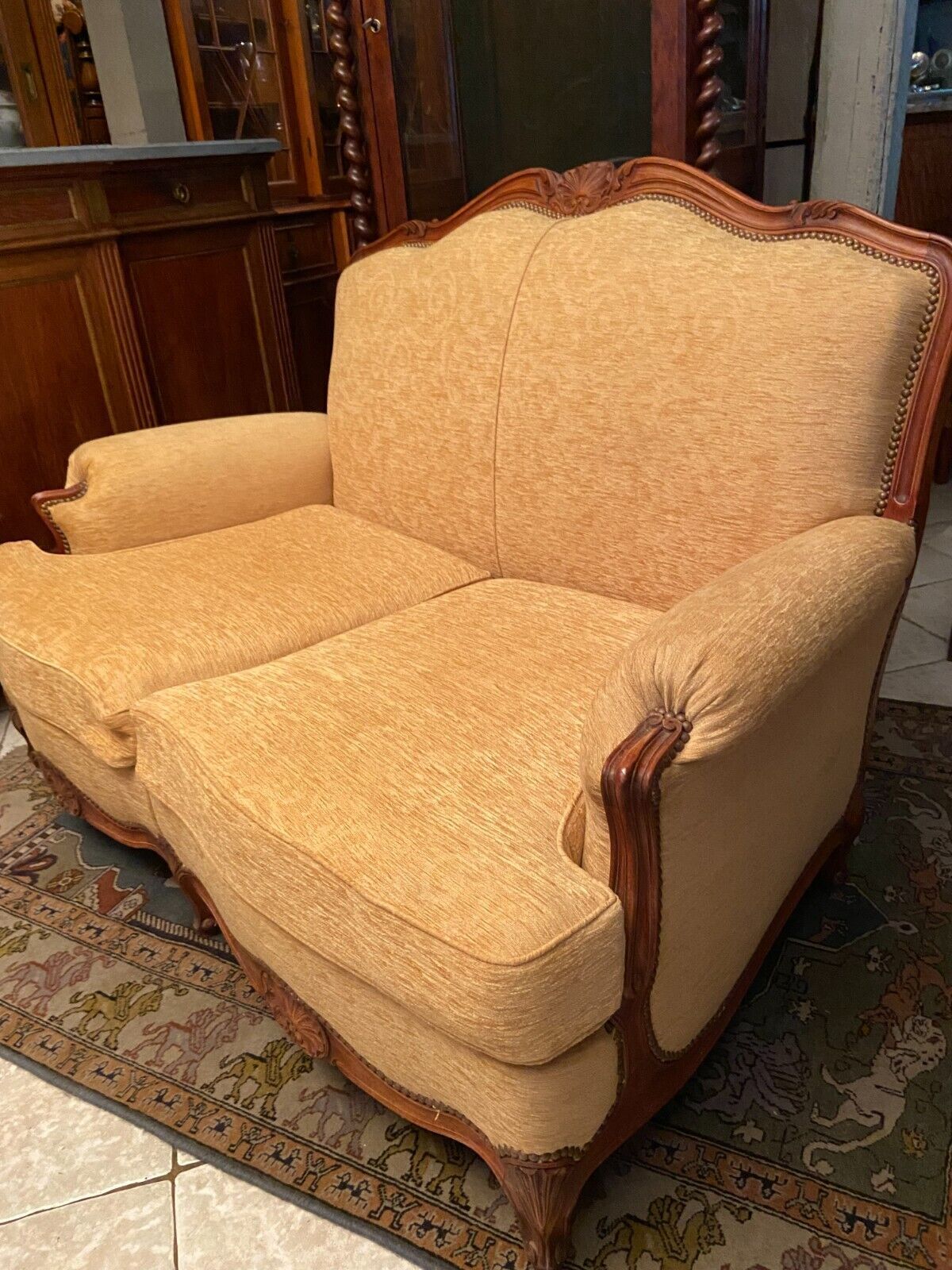 Sofa 2 places convertible sleeping 90x190 cherry Louis XV yellow velvet