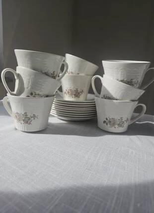 Vintage Pontesa coffee service - 8 cups and saucers - Floral pattern - Perfect condition