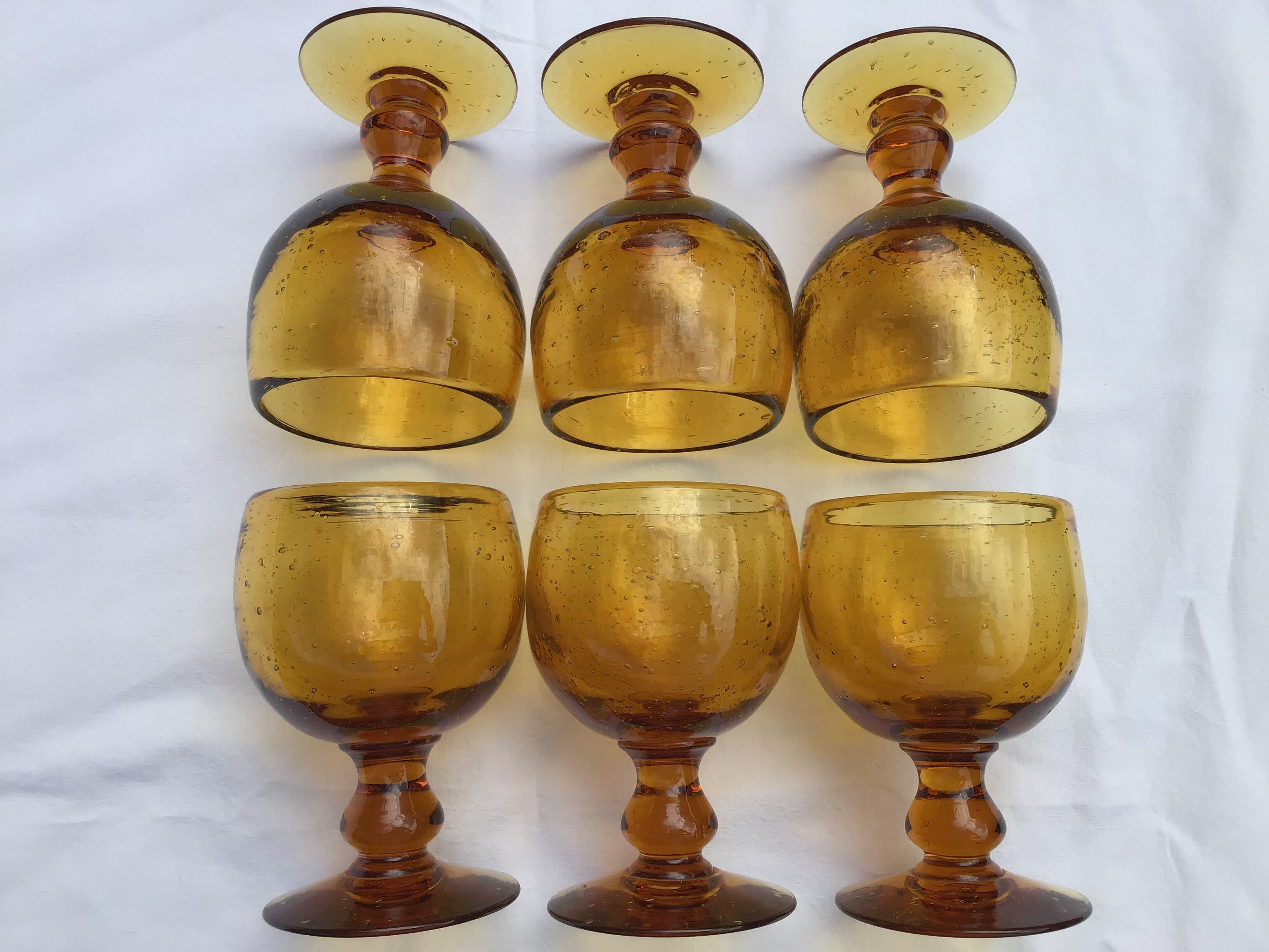 6 amber bubble-blown water glasses