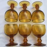 6 amber bubble-blown water glasses