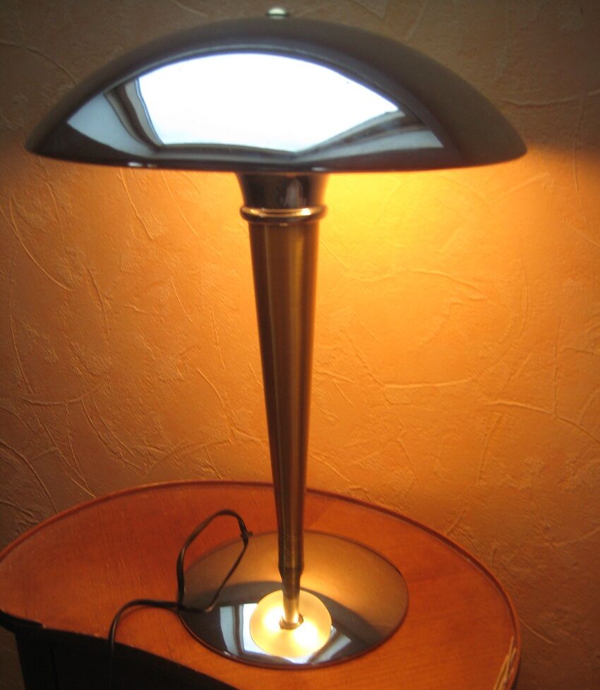 Antique mushroom lamp, chrome-plated steel and polished brass