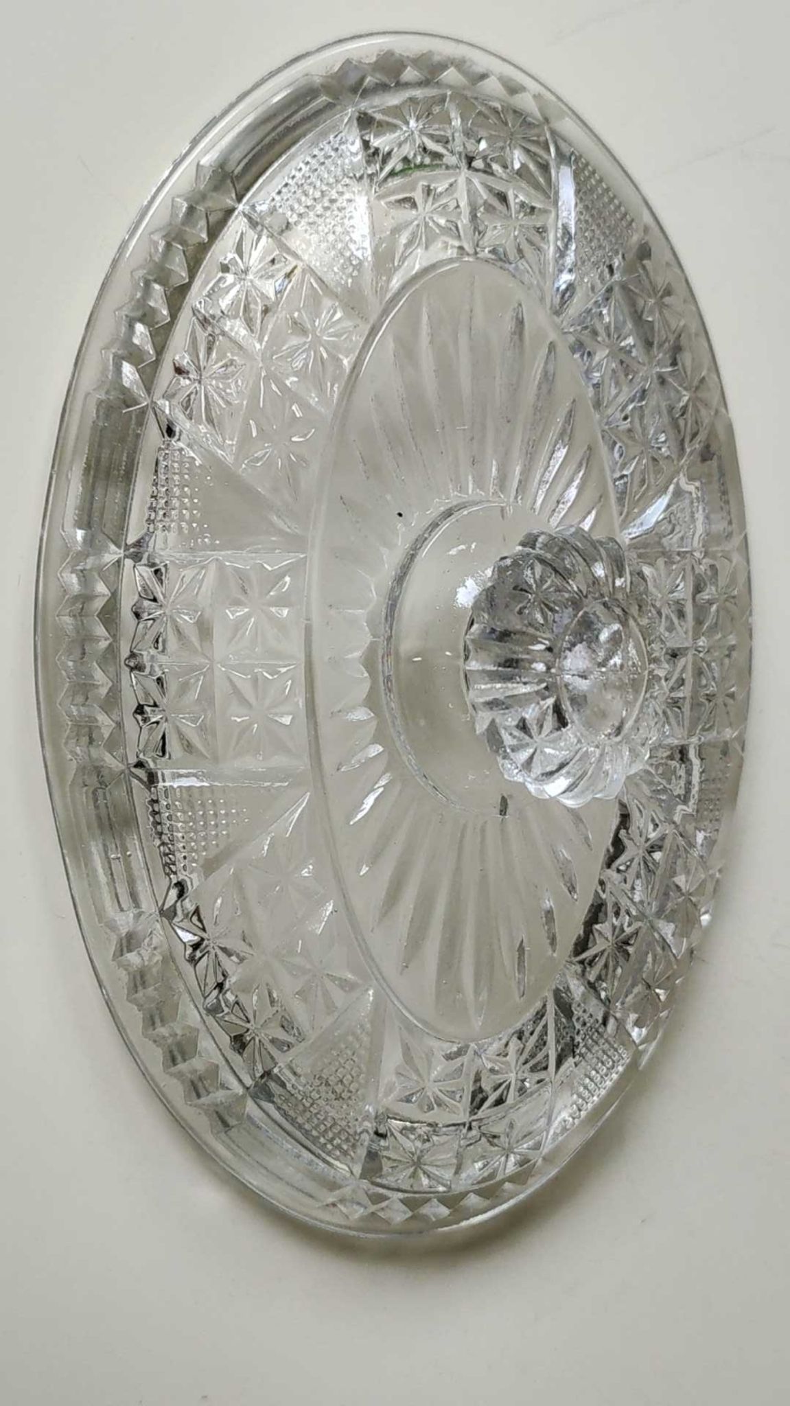 Old Art Deco butter dish, molded glass, Portieux style Star motifs, braces, diamonds