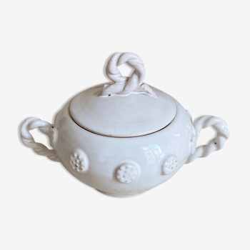Sugar bowl in white enamelled earthenware, signed Emile Tessier