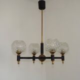 French Vintage Retro Mid Century Black & Gold 4 Arm Chandelier with Glass Shades 5015