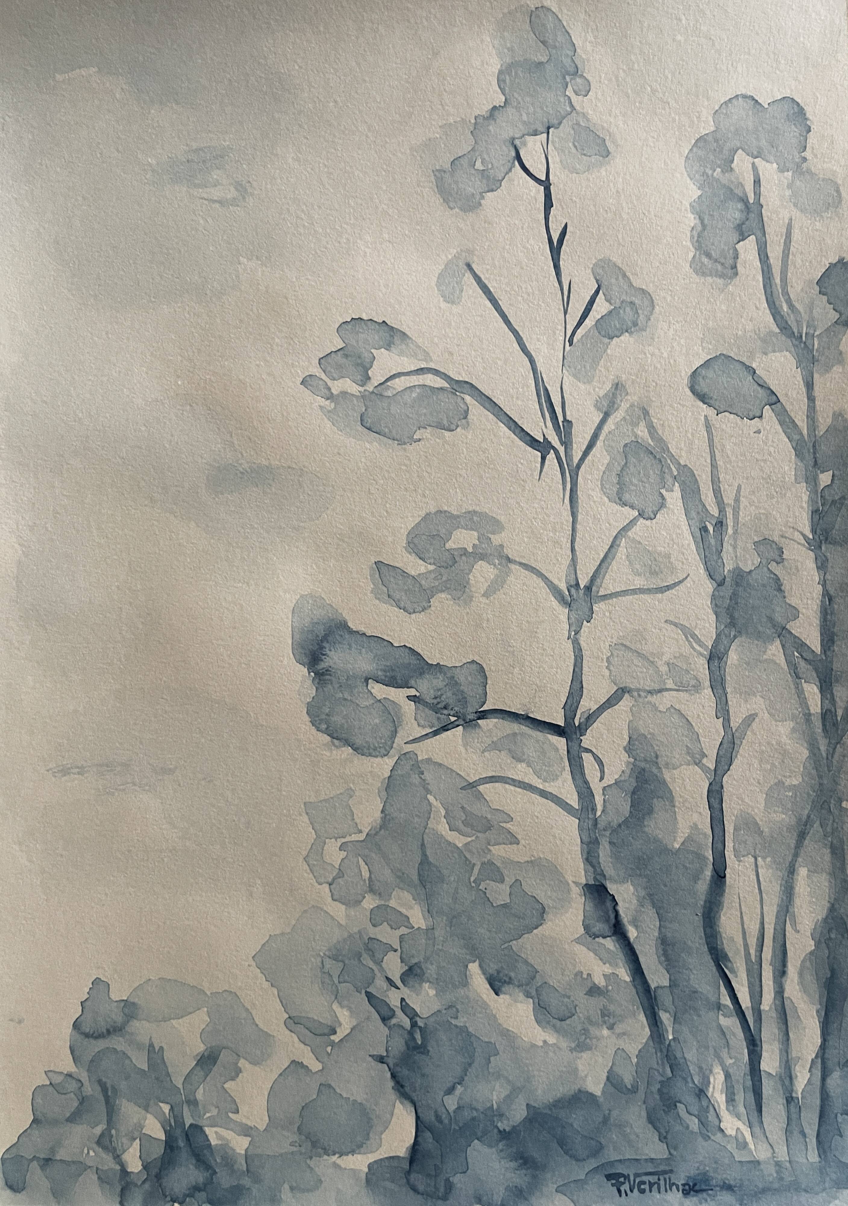Tableau Aquarelle signé monochrome blue jeans « la forêt bleue »