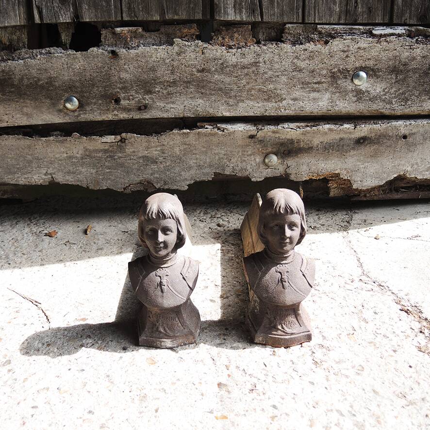 2 old Joan of Arc cast iron andirons