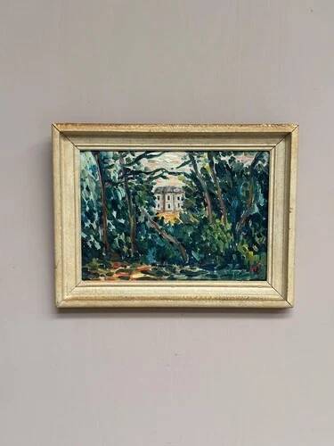 Original Swedish Oil on Panel "Houses in the Trees" Signed & Framed