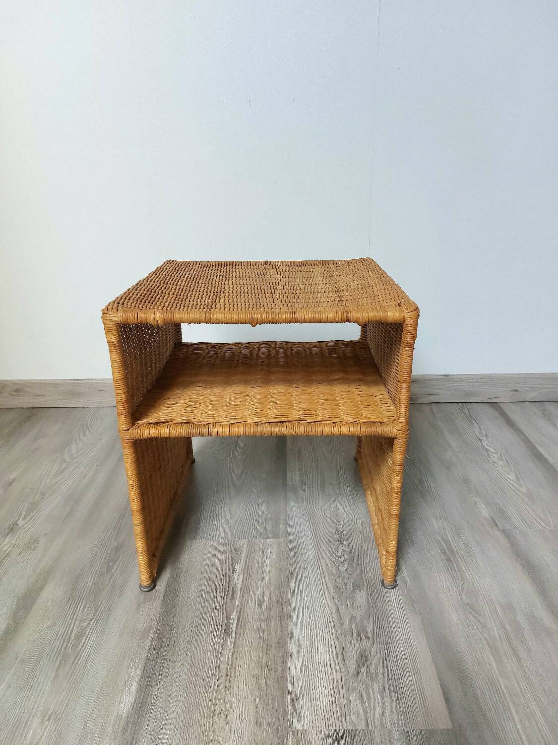 60s woven metal wicker bedside table