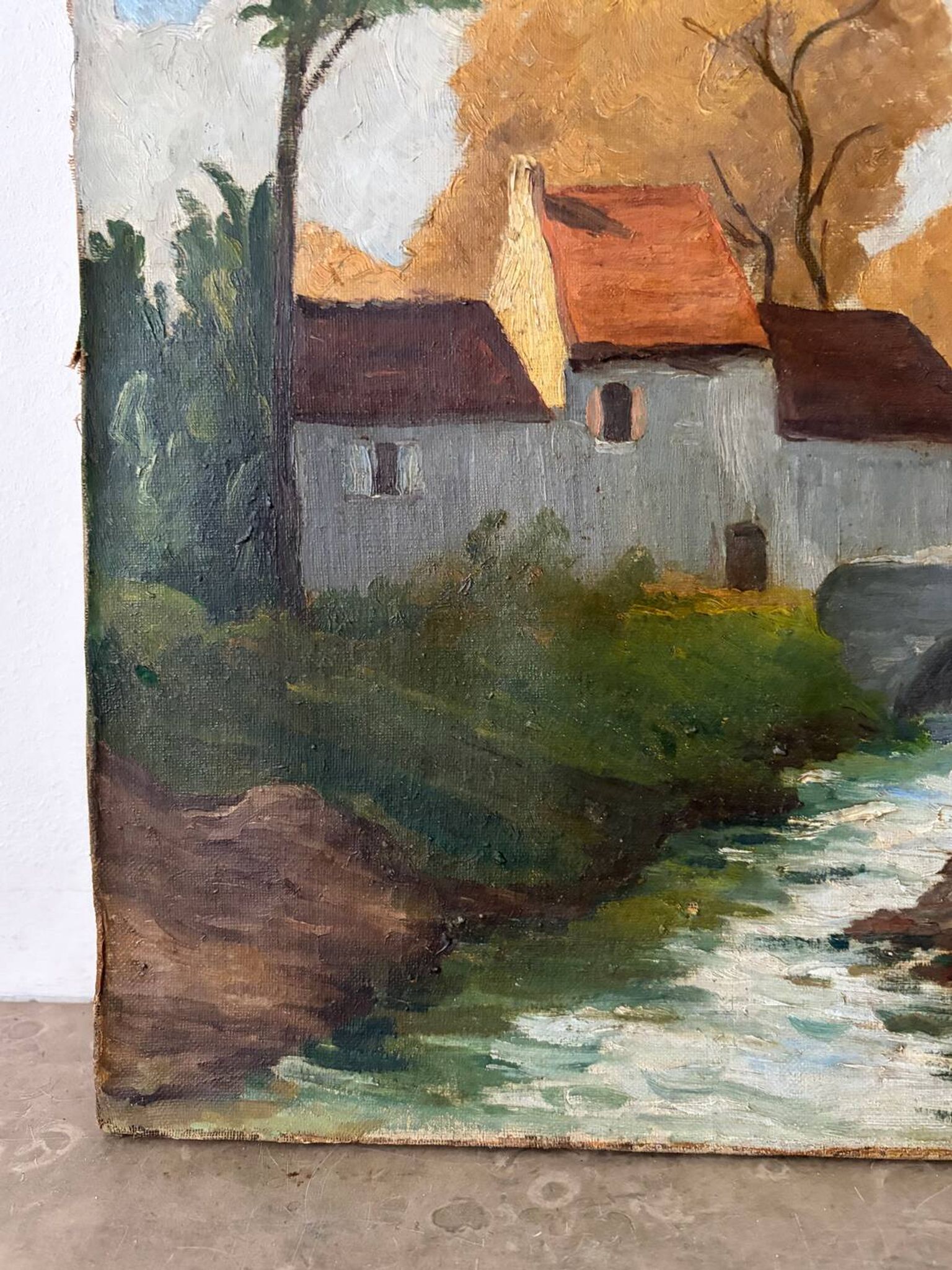 House by the river, oil on canvas signed