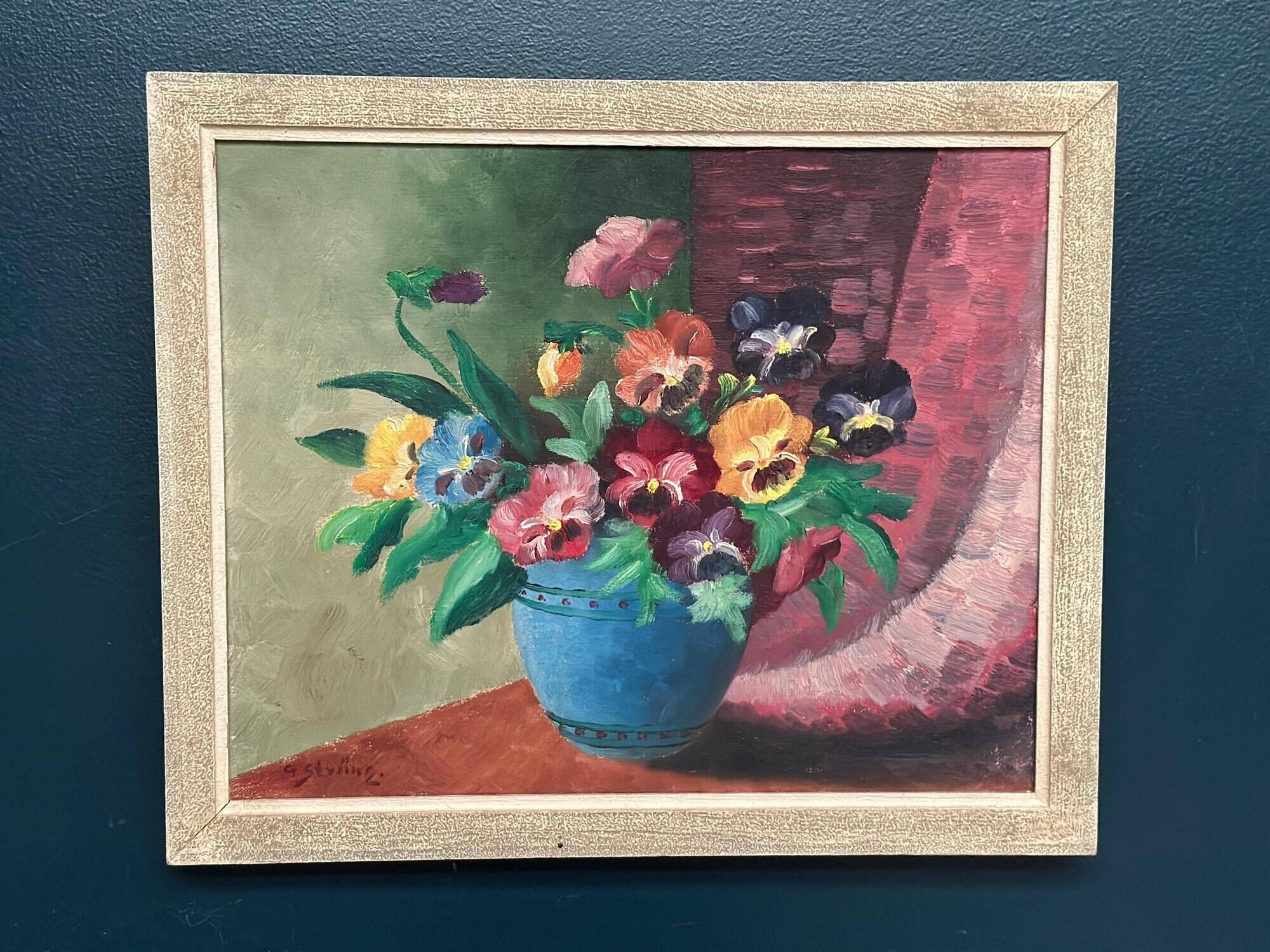 Original Swedish Oil on Canvas – “Pansies in Blue Vase” by G. Stränz