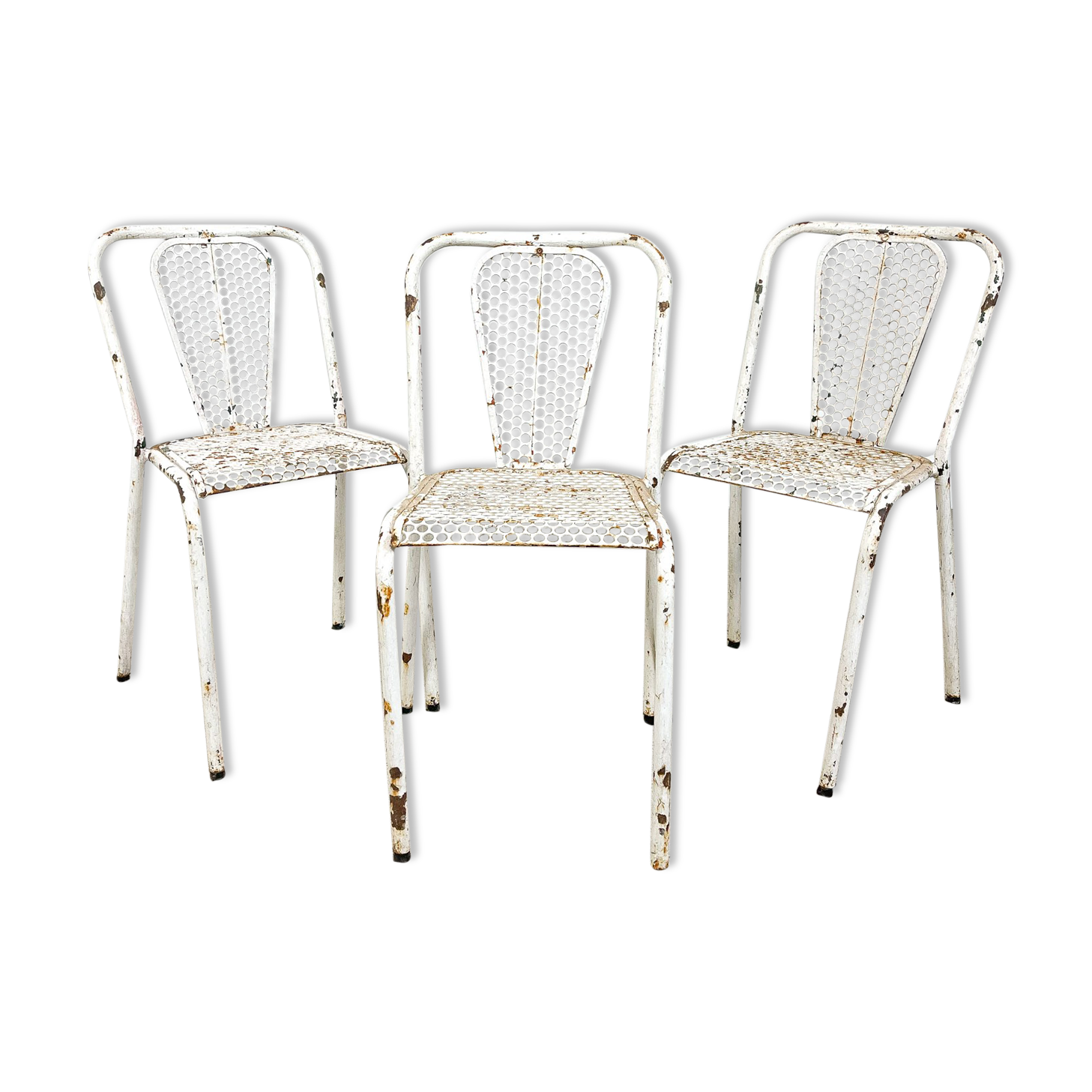 Set of three vintage industrial metal bistro chairs by Rene malaval