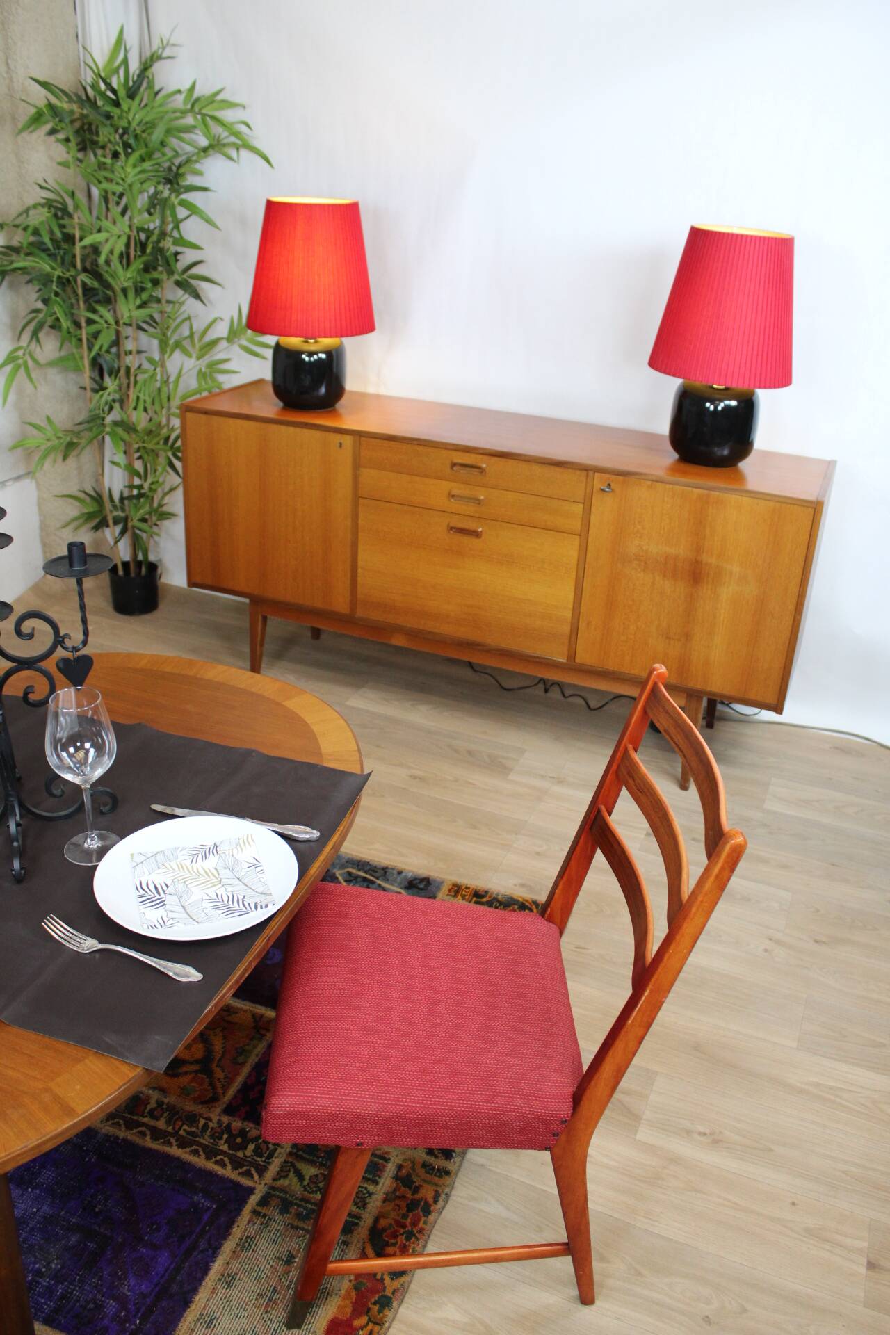Pair of black faillance table lamps with red lampshade 1960s Sweden