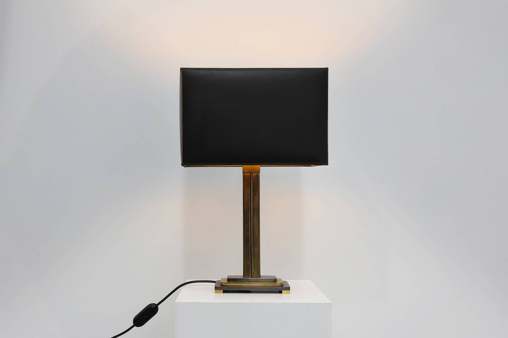 Brass table lamp with black rectangular shade by Deknudt, Belgium, 1970s