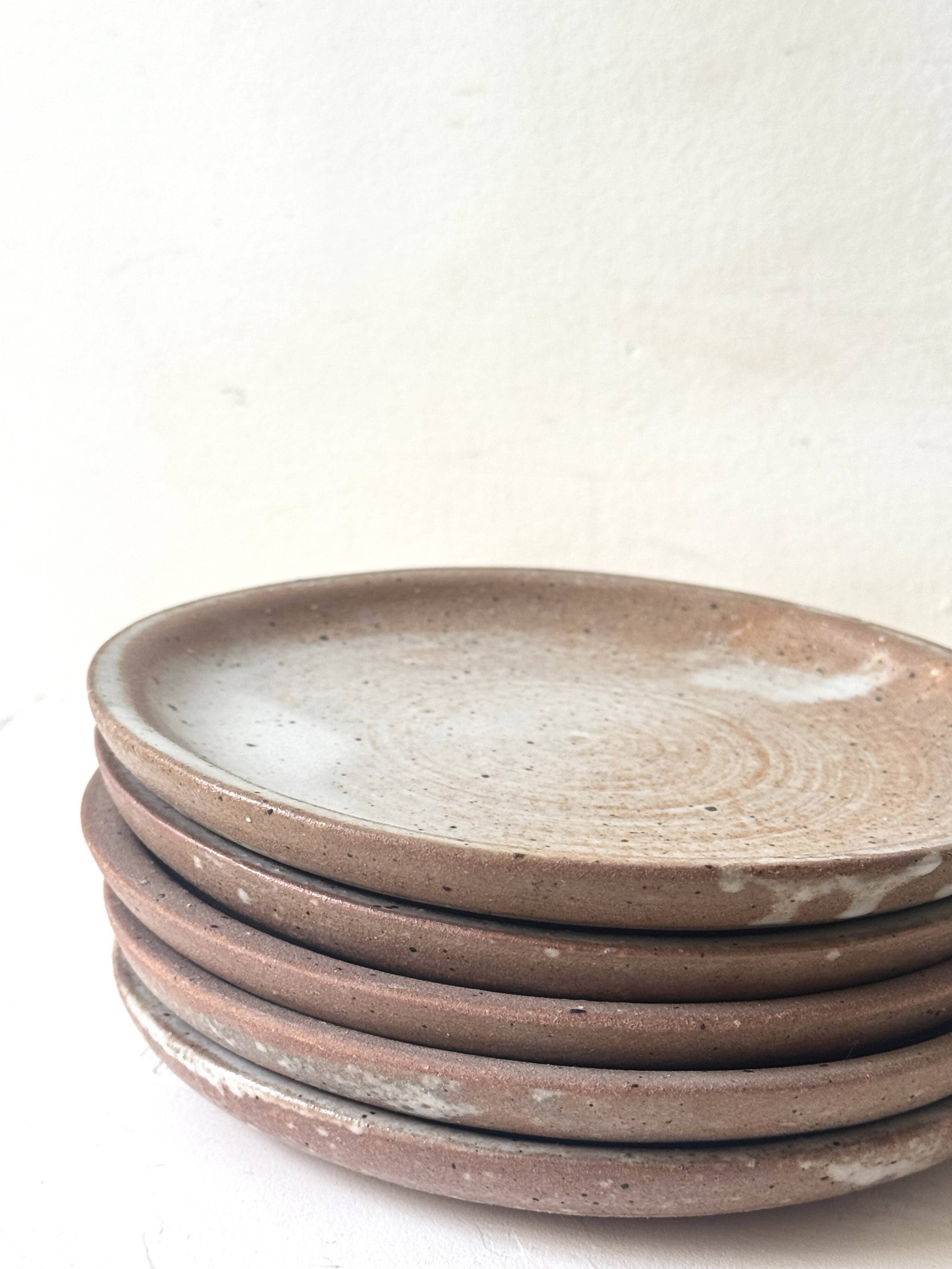 handmade ceramic dessert service in pyrite beige stoneware, France 1950
