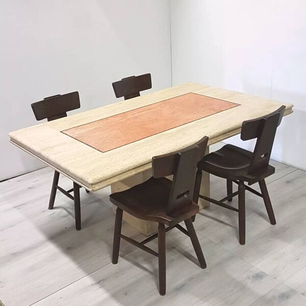 Table en marbre et rose et traverstin Hollywood regency Italie années 1970