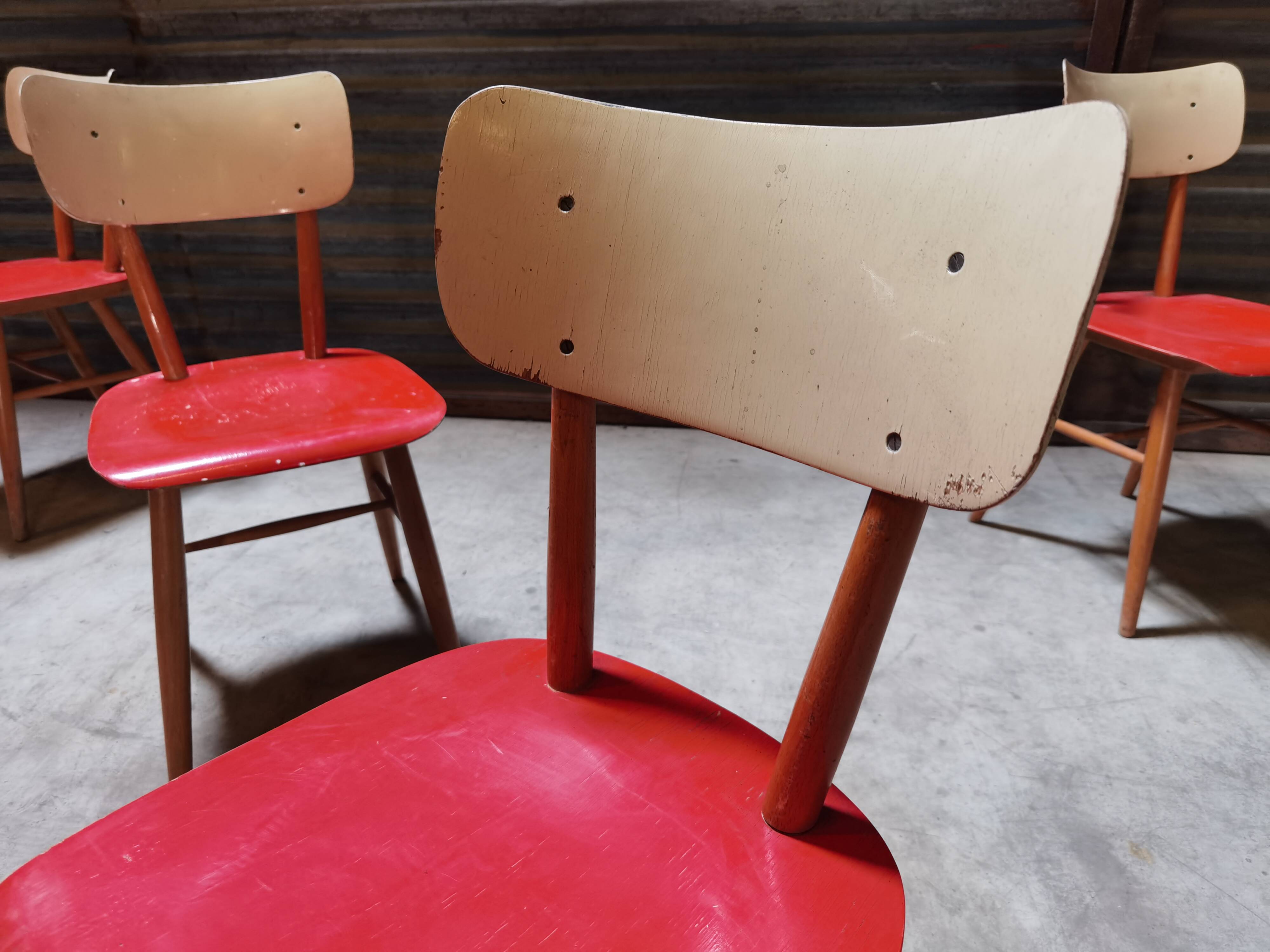 Set of 4 red wooden chairs published by Ton, 60s
