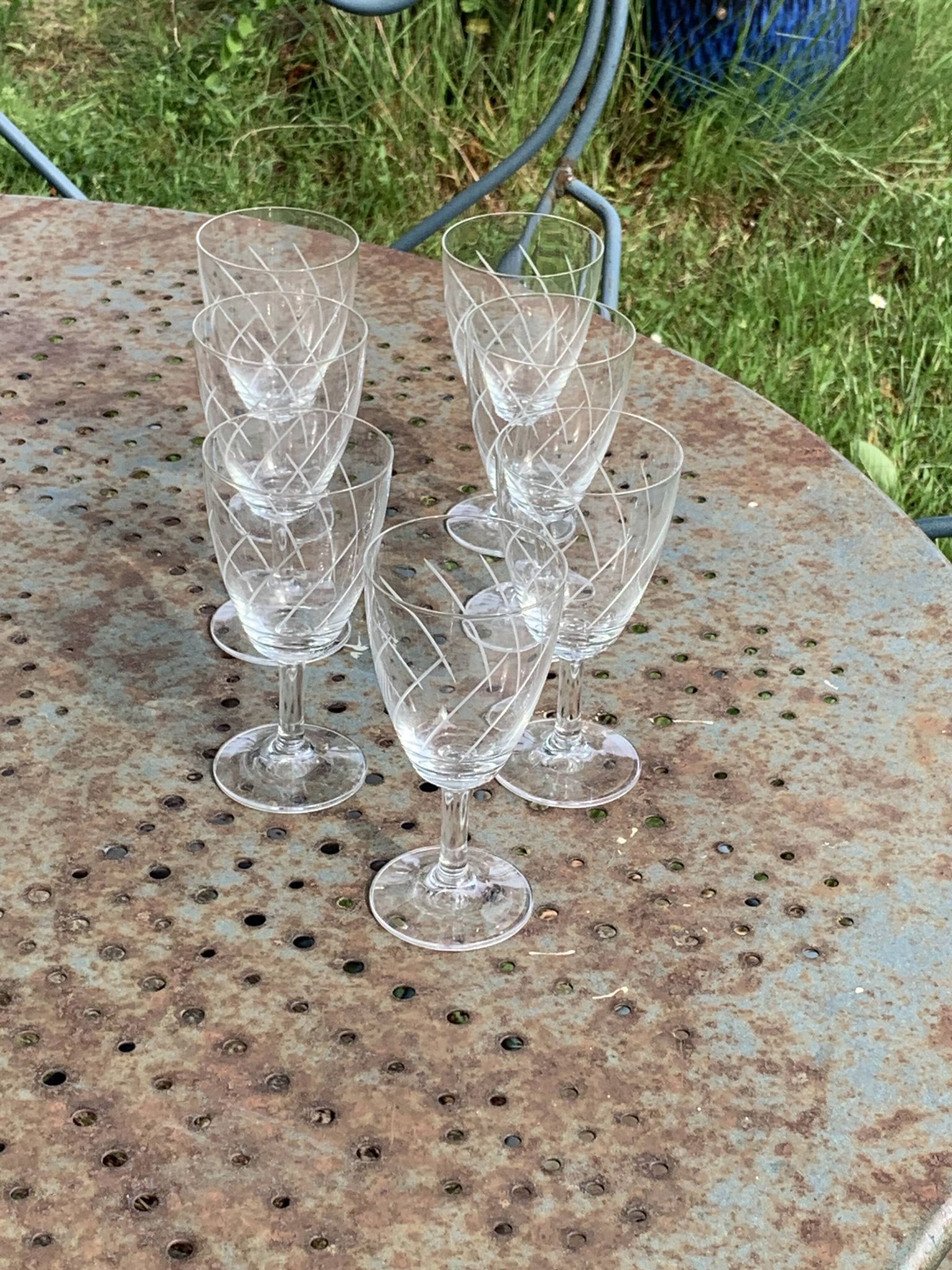 7 vintage crystal and chiseled glass wine glasses
