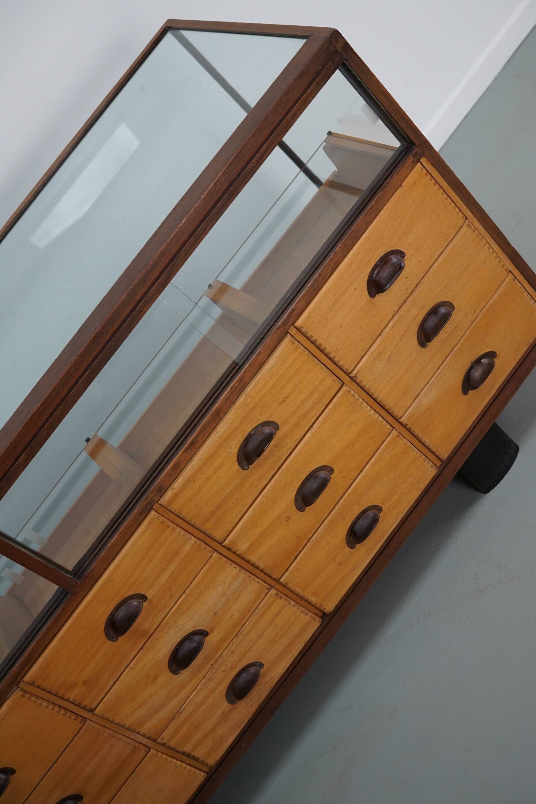 Antique British maple & hardwood haberdashery cabinet or shop counter, 1930s