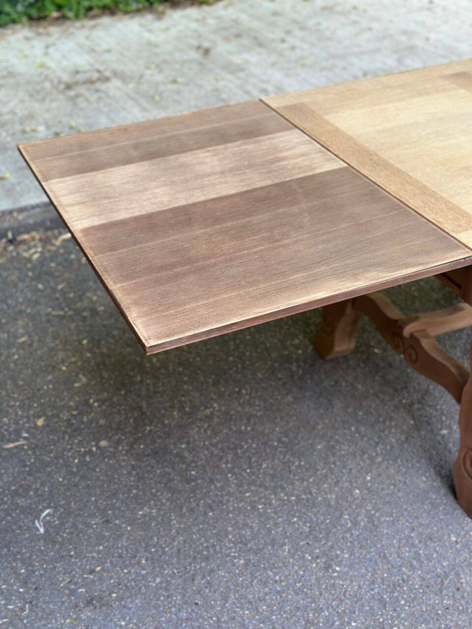Renovated 1940s oak extendable farmhouse dining table.