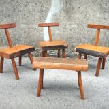 Set of four brutalist chairs and a bench, France, 1960s