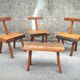 Set of four brutalist chairs and a bench, France, 1960s