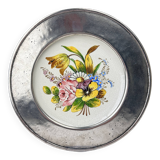 Decorative earthenware and pewter wall plate with spring flowers