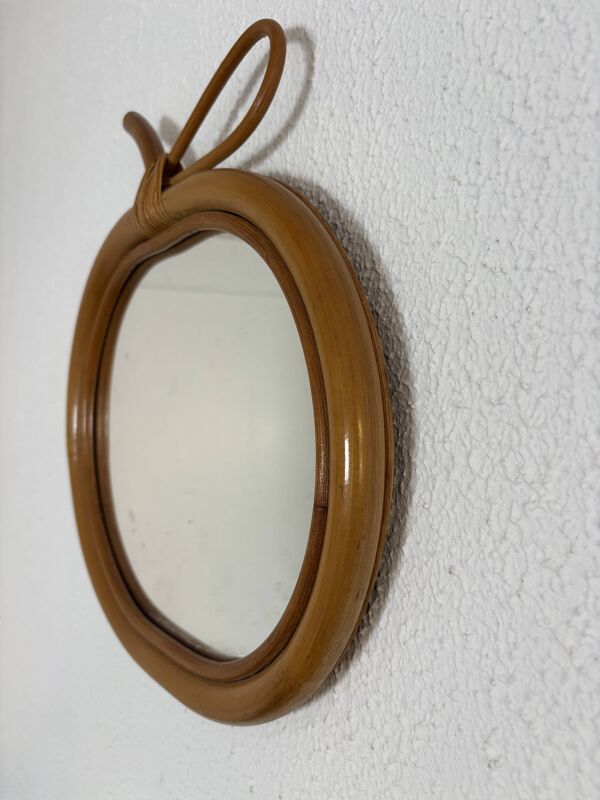 Miroir vintage 1960 pomme rotin osier bambou - 32 x 33 cm