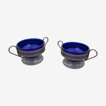 Two jam makers in blue glass and vintage metal