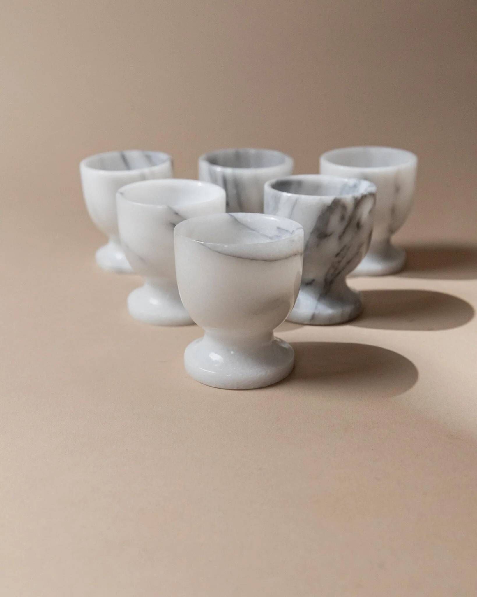Vintage Marble Egg Cups Set of 6 in Grey and White Marble – Handcarved, Mid-Century Italy Tableware