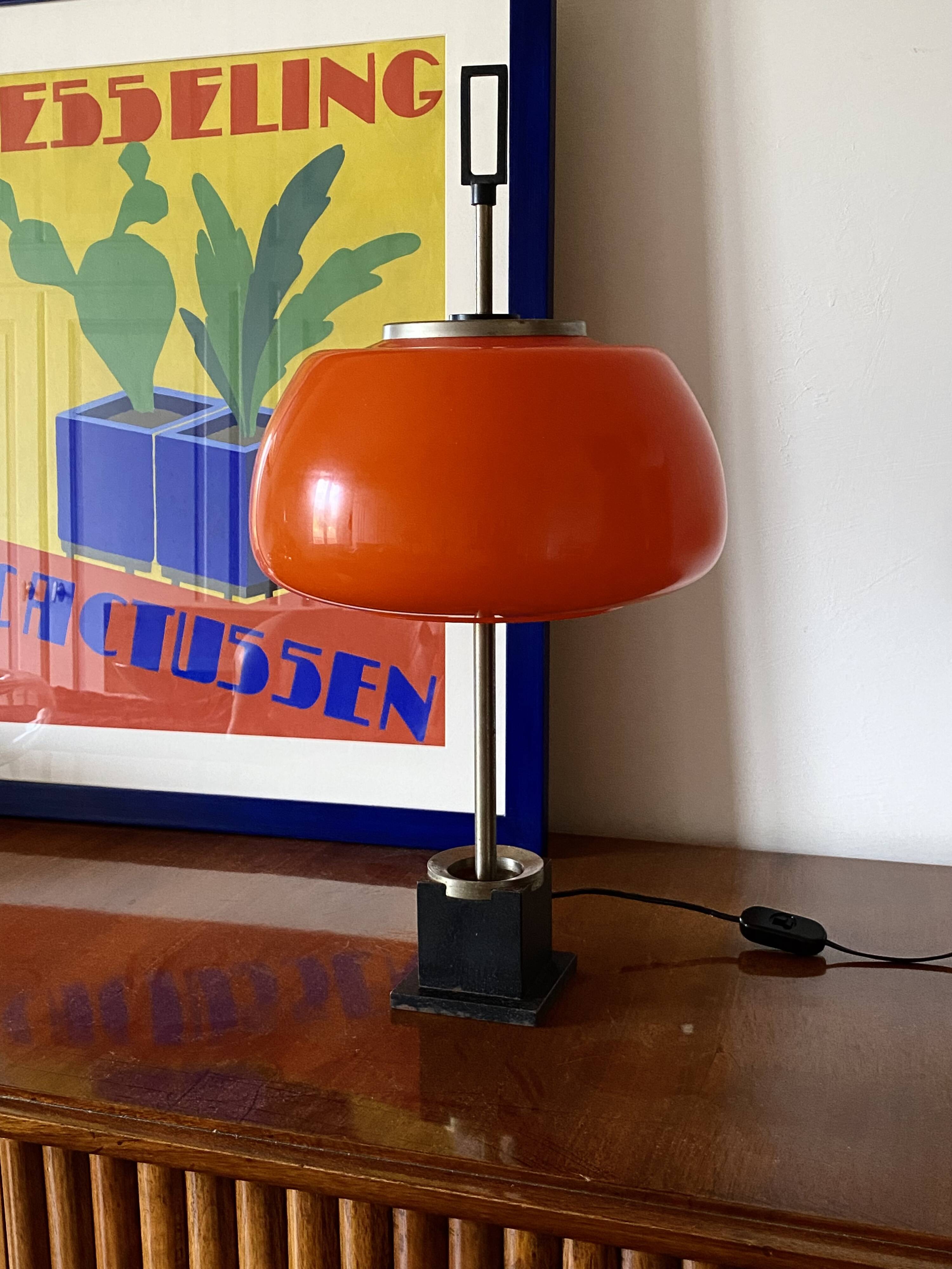 Oscar Torlasco, orange glass table / desk lamp, Prod. Lumi, 1960 ca.