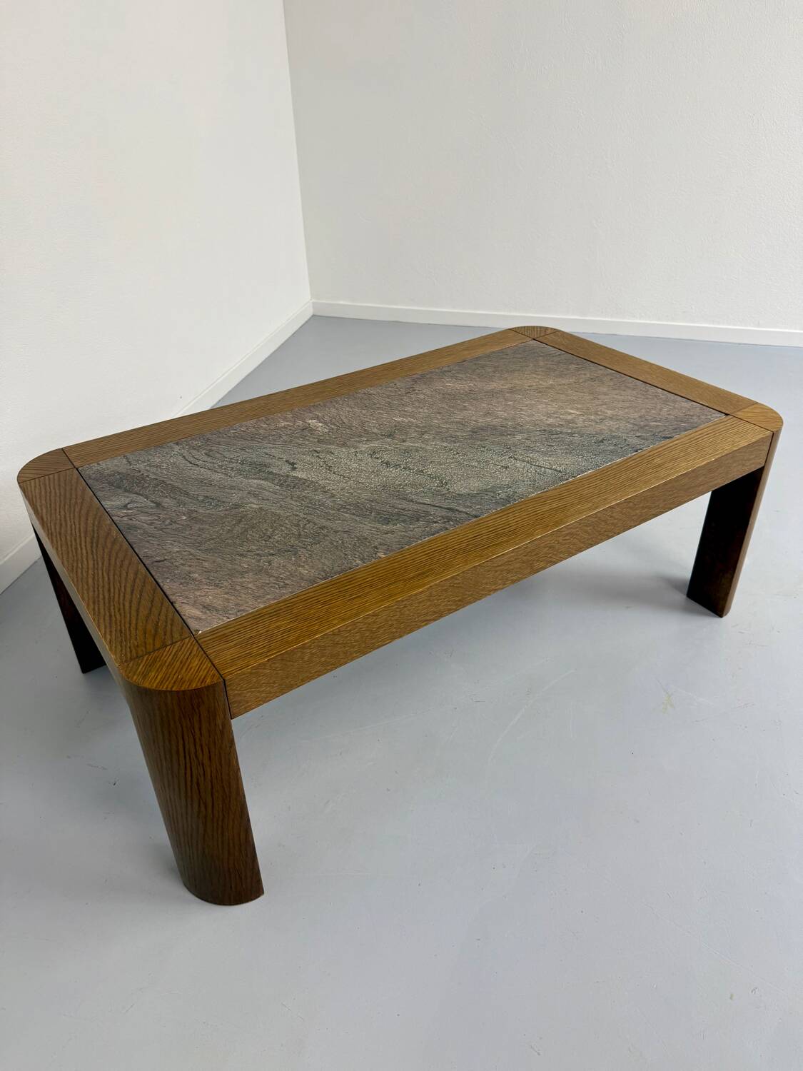 Old coffee table in wood and granite stone, vintage design from the 70s