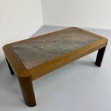Old coffee table in wood and granite stone, vintage design from the 70s