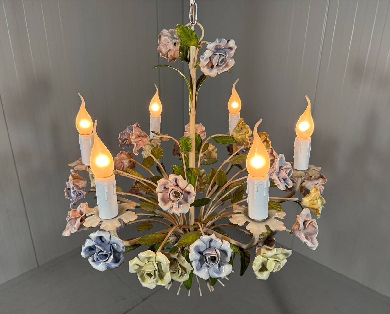Italian tole chandelier porcelain flowers 1950’s