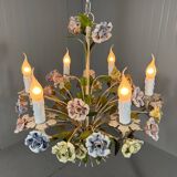 Italian tole chandelier porcelain flowers 1950’s