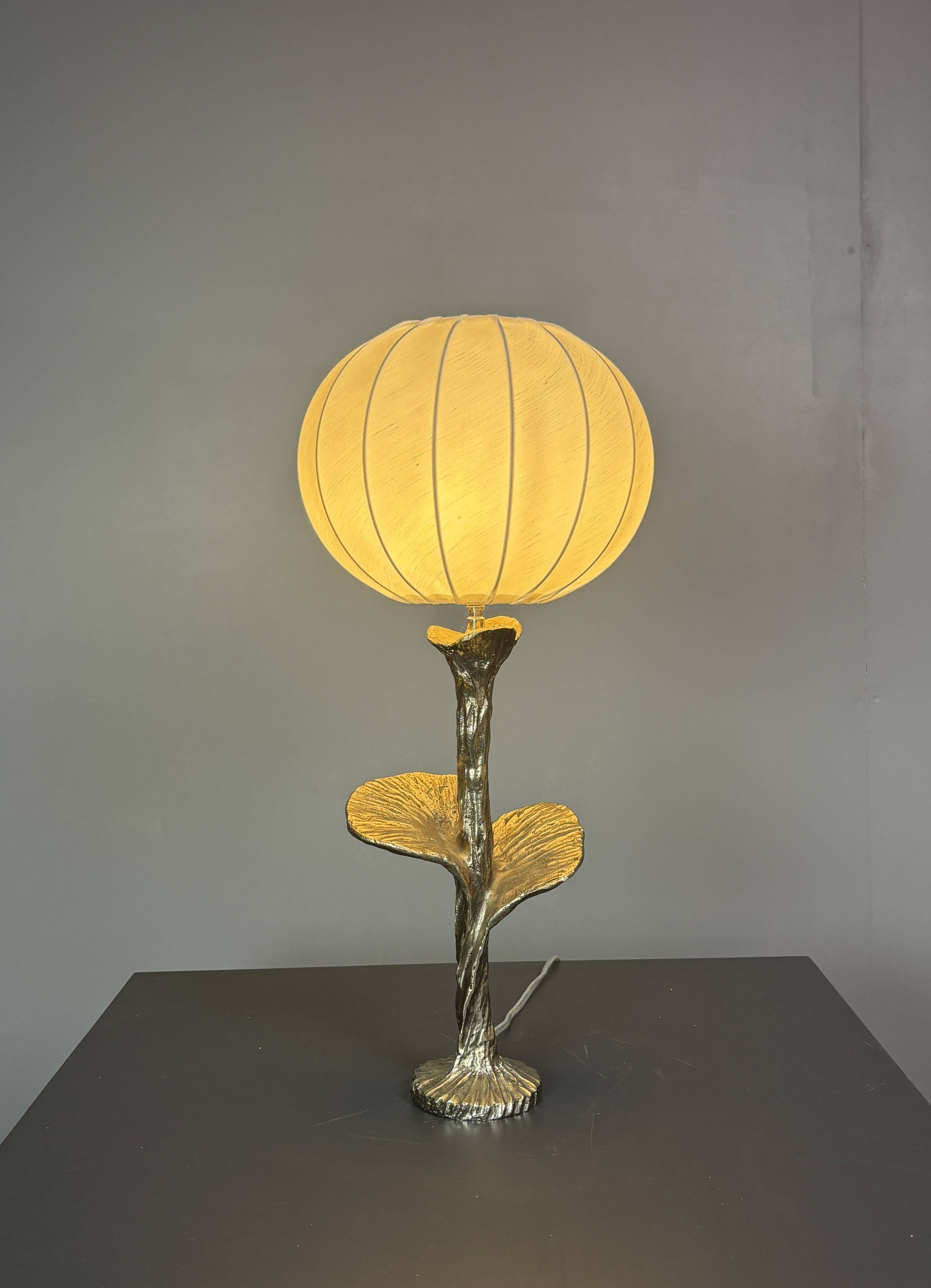 Solid brass silver custom made flower lamp with cocoon fabric shade, 1970s