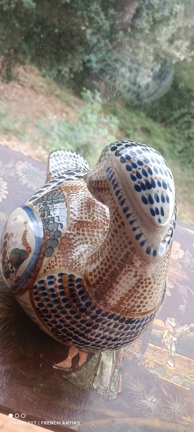 Ceramic signed duck in glazed stoneware, vintage 1960.