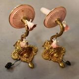 Small Italian Bronze Chandelier with Porcelain Flowers and its 2 Wall Sconces