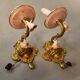Small Italian Bronze Chandelier with Porcelain Flowers and its 2 Wall Sconces