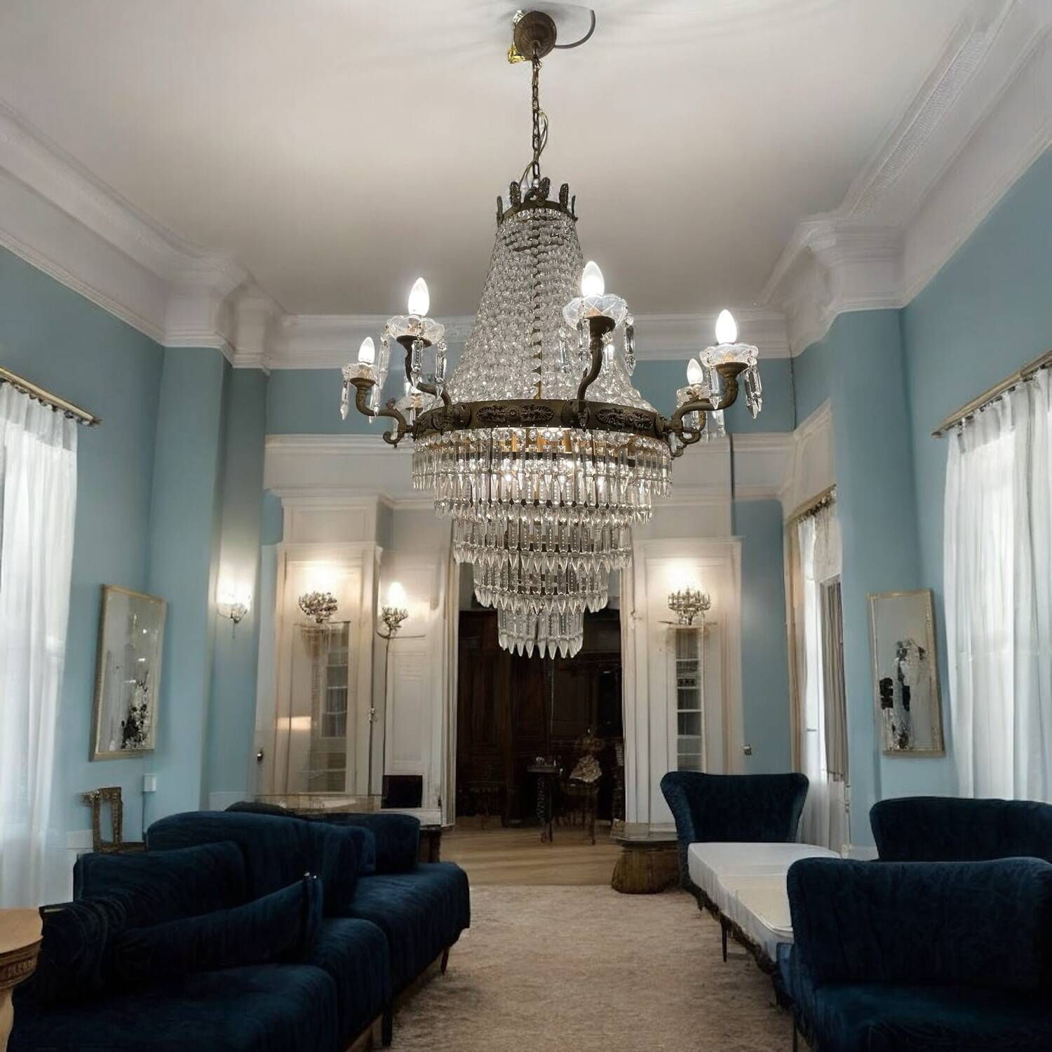 Extra Large Bronze Crystal Chandelier 1950’s