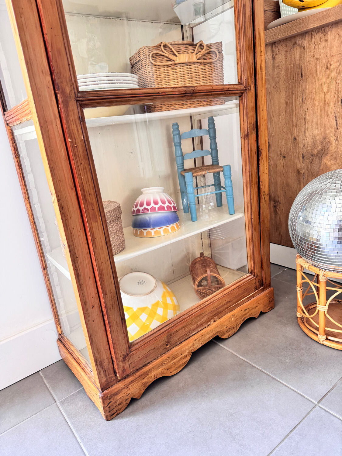 Antique display cabinet, small dresser, antique glass-fronted bookcase.