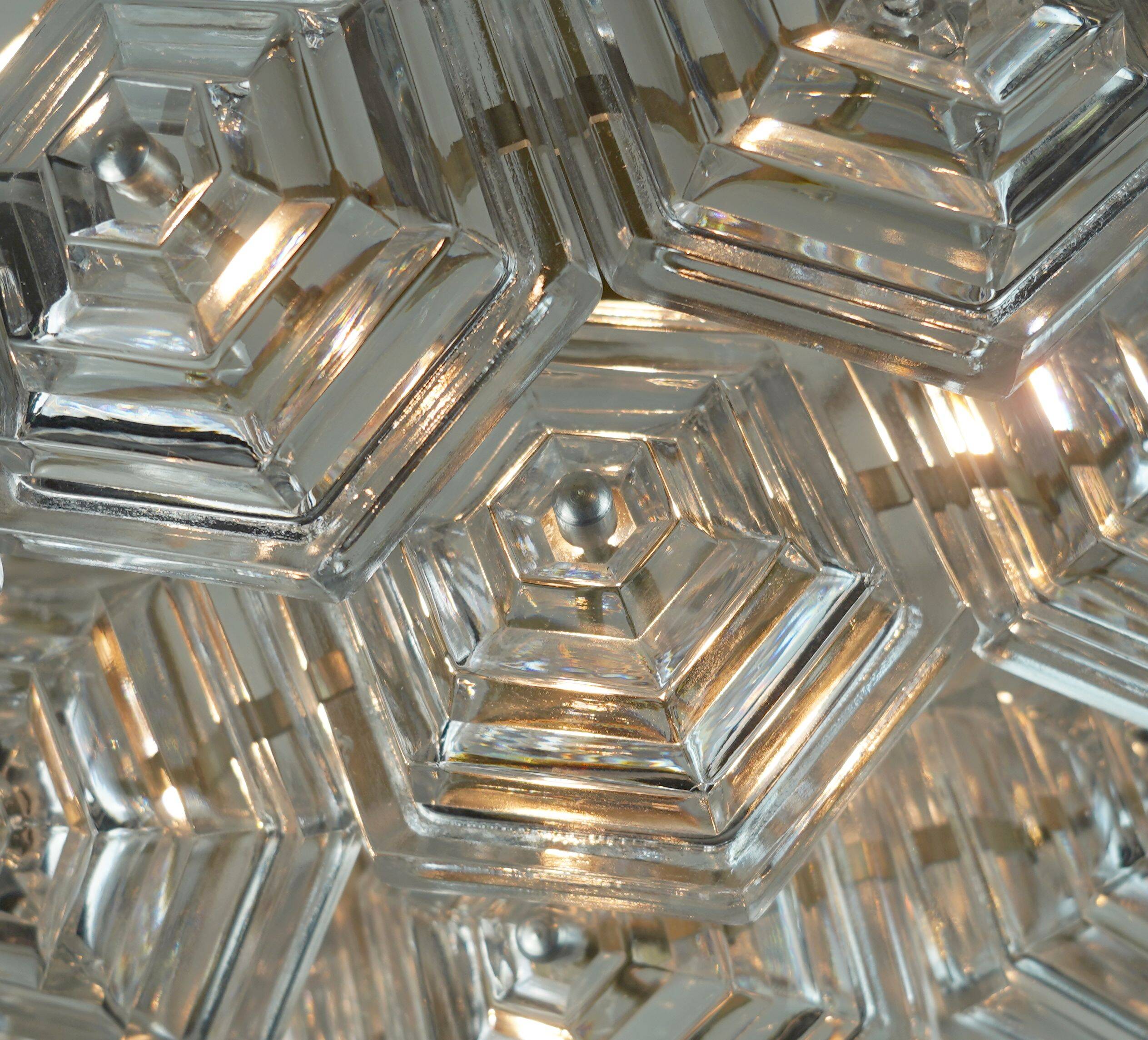 3-tier mid century pendant light with 27 hexagonal glass panels 1960s 70s