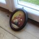 Small vintage oval painting – Raised bouquet of flowers – Retro burgundy frame