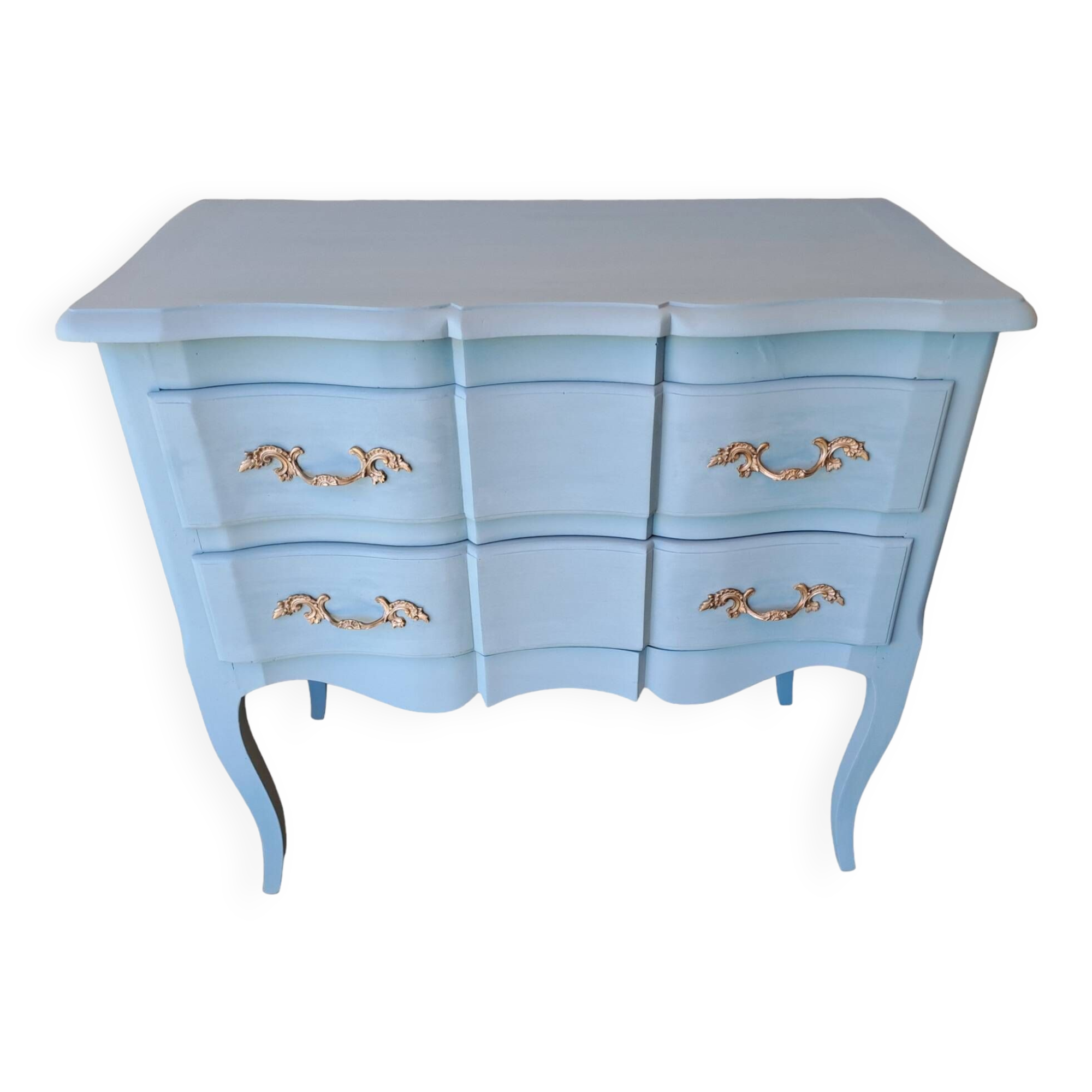 Louis XV style solid wood chest of drawers repainted in lagoon blue with 2 drawers
