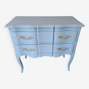 Louis XV style repainted lagoon blue solid wood chest of drawers with 2 drawers