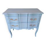 Commode en bois massif repeint bleu lagune style Louis XV à 2 tiroirs