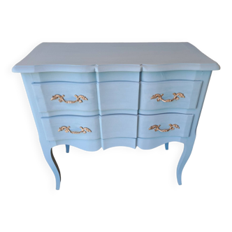 Louis XV style solid wood chest of drawers repainted in lagoon blue with 2 drawers