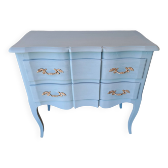 Louis XV style repainted lagoon blue solid wood chest of drawers with 2 drawers