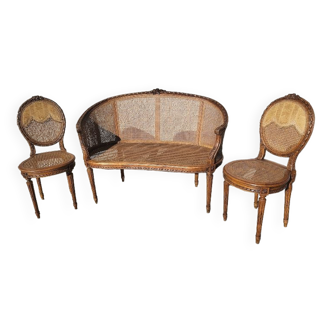 Canape banquette et 2 chaises louis xvi cannage en noyer