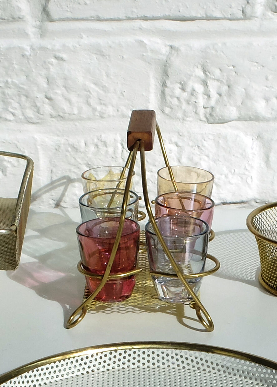 Brass liquor service and multi-color glasses Gold Display Mid-Century 1950s-60s