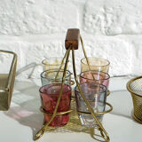 Service à liqueur laiton et verres multi-color présentoir doré Mid-Century années 1950-60